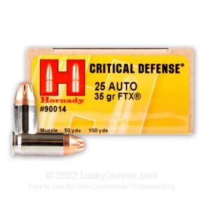 25 ACP - 35 Grain FTX - Hornady Critical Defense - 250 Rounds 90014