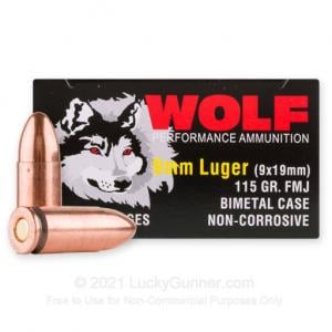9mm - 115 Grain FMJ - Wolf - 50 Rounds **STEEL CASES** BIMETAL
