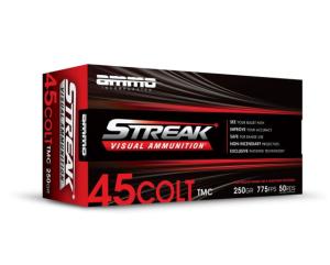 Ammo, Inc. Streak 45 COLT 250 Grain TMC FMJ w/Streak Brass Cased Ammo, 50 Round, 45C250TMC-STRK-RED-50