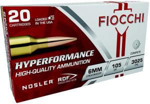 Fiocchi Hyperformance Rifle Ammunition 6CMRD, 6mm Creedmoor, Nosler Reduced Drag Factor, 105 gr, 3025 fps, 20 Rd/Bx
