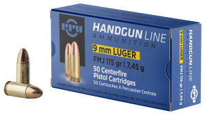 PPU Handgun Ammunition 9mm Luger  115 gr FMJ  1145 fps 50/ct