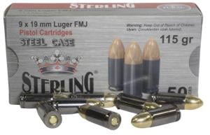 Sterling 9MM 115GR FMJ STEEL CASED AMMUNITION 50rd BOX