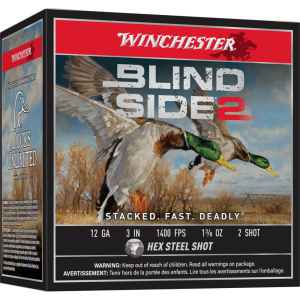 Winchester BLIND SIDE 2 12 Gauge 1 3/8oz 3in 2 Shot Size 1400MV Shotgun Ammo 25 Rounds XBS1232